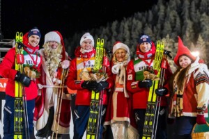 Das Compact-Podium 2023: Joergen Graabak (NOR), Jens Luraas Oftebro (NOR), Jarl Magnus Riiber (NOR), (l-r)