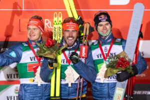 Das Podium: Julian Schmid (GER), Johannes Rydzek (GER), Vinzenz Geiger (GER), (l-r)