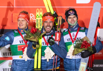 Das Podium: Julian Schmid (GER), Johannes Rydzek (GER), Vinzenz Geiger (GER), (l-r)