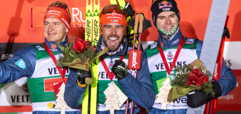 Das Podium: Julian Schmid (GER), Johannes Rydzek (GER), Vinzenz Geiger (GER), (l-r)