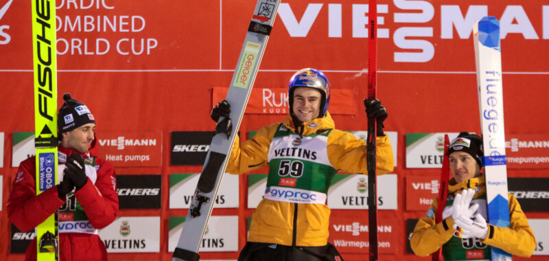 Das Podium des Tages: Jarl Magnus Riiber (NOR), Vinzenz Geiger (GER), Manuel Faisst (GER), (l-r)