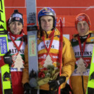 Die Top drei der Ruka Tour: Jarl Magnus Riiber (NOR), Vinzenz Geiger (GER), Julian Schmid (GER), (l-r)