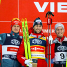 Das Podium der Herren: Julian Schmid (GER), Jarl Magnus Riiber (NOR), Johannes Lamparter (AUT), (l-r)