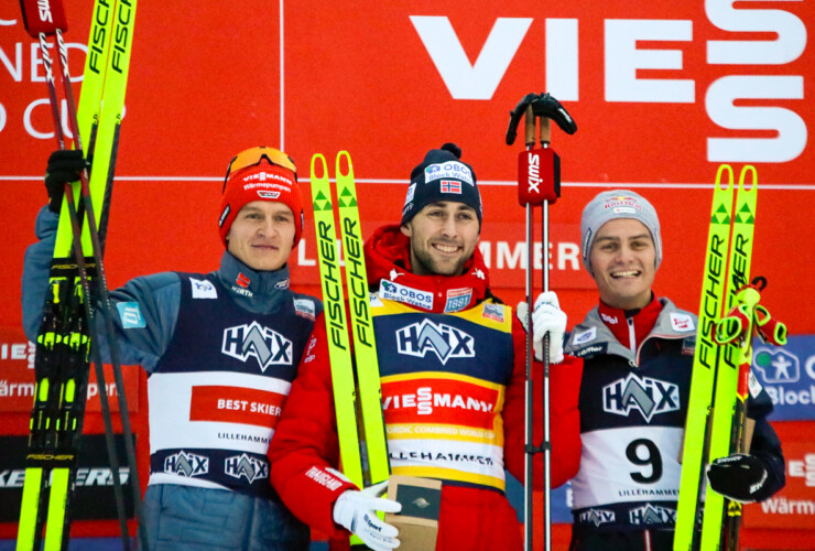 Das Podium der Herren: Julian Schmid (GER), Jarl Magnus Riiber (NOR), Johannes Lamparter (AUT), (l-r)