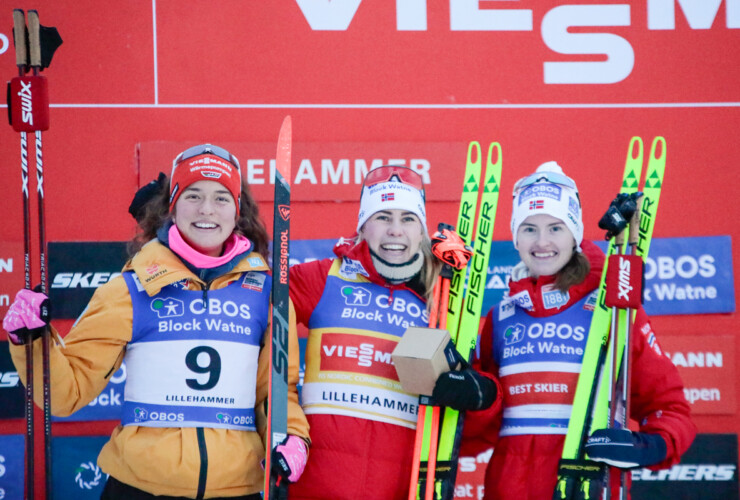 Das Podium der Damen: Nathalie Armbruster (GER), Ida Marie Hagen (NOR), Gyda Westvold Hansen (NOR), (l-r)