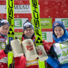 Die Sieger der Herren: Jens Luraas Oftebro (NOR), Jarl Magnus Riiber (NOR), Kristjan Ilves (EST), (l-r)