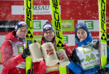 Die Sieger der Herren: Jens Luraas Oftebro (NOR), Jarl Magnus Riiber (NOR), Kristjan Ilves (EST), (l-r)