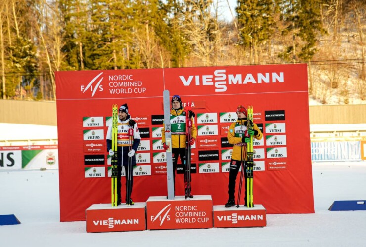 Jarl Magnus Riiber (NOR), Vinzenz Geiger (GER), Julian Schmid (GER) (l-r)