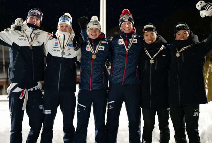 Team Sprint-Siegerehrung: Even Leinan Lund (NOR), Torje Seljeset (NOR), Andreas Gfrerer (AUT), Paul Walcher (AUT), Atsushi Narita (JPN), Kyotaro Yamazaki (JPN) (l-r)Andreas Gfrerer (AUT), Paul Walcher (AUT), Atsushi Narita (JPN), Kyotaro Yamazaki (JPN) (l-r)