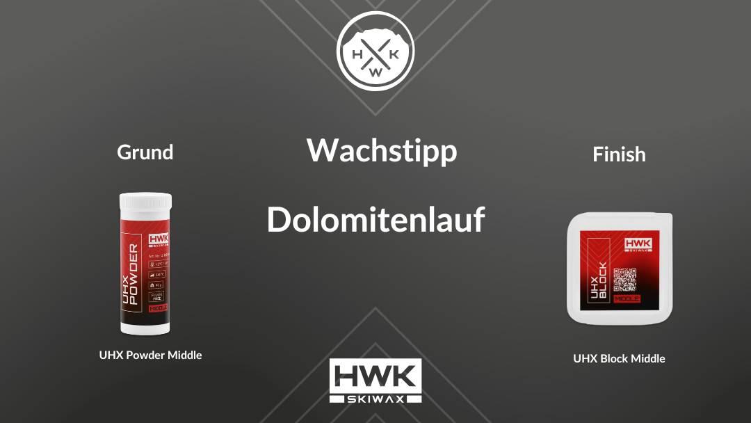  Für den Dolomitenlauf haben wir laut aktuellen Wetterprognosen folgenden Wachstipp für euch: 1. Schicht UHX Powder Middle 2. Schicht UHX Block Middle Für weitere Tipps und Infos findet ihr uns vor Ort, bei den Wachscontainern Wir wünschen allen Teilnehmer/innen viel Erfolg und schnelle Ski für die Wettkämpfe.